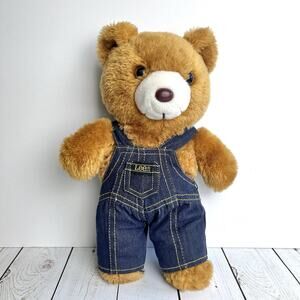 Vintage 80's Lee Denim Teddy Bear Brown 13" Stuffed Plush Overalls Blue Jeans